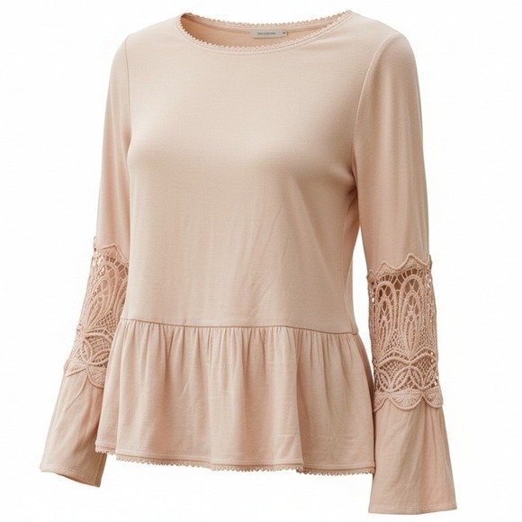 JOIE Peach Crochet Lace Sleeve Peplum Blouse Boho Top Size Small $220 - Picture 5 of 7